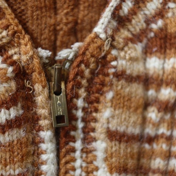 Vintage Handmade 70s Brown Plaid Chunky Knit Zip Cardigan Sweater LG - Picture 6 of 10